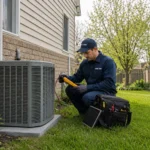 HVAC technician inspecting an outdoor AC unit after restart issues in London, Ontario