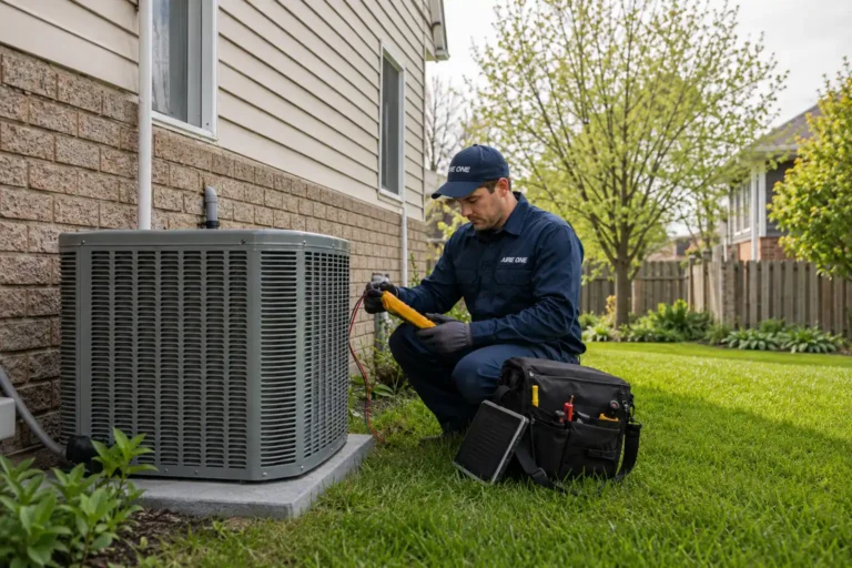 HVAC technician inspecting an outdoor AC unit after restart issues in London, Ontario