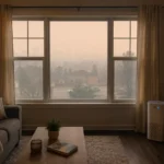 Living room in a London, Ontario home with smoky skies outside during a wildfire smoke event, showing the importance of clean indoor air.