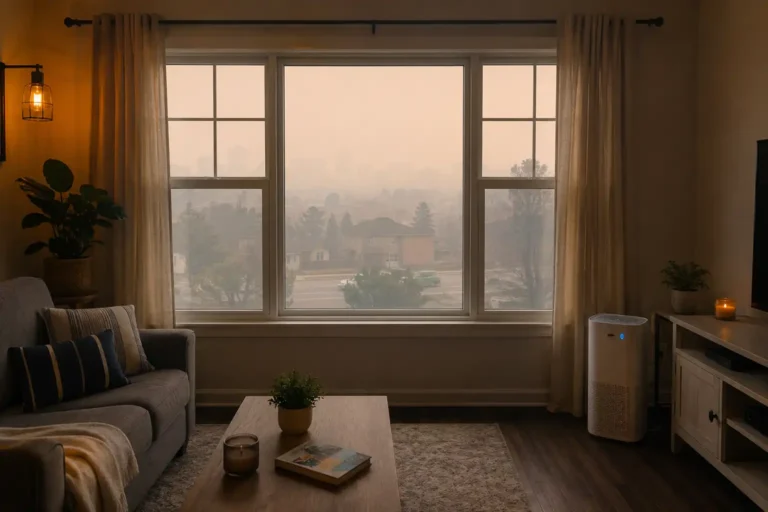 Living room in a London, Ontario home with smoky skies outside during a wildfire smoke event, showing the importance of clean indoor air.