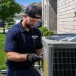 HVAC technician repairing an outdoor AC unit during a London, Ontario heatwave