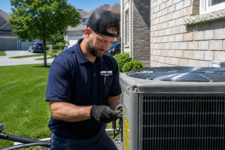 HVAC technician repairing an outdoor AC unit during a London, Ontario heatwave