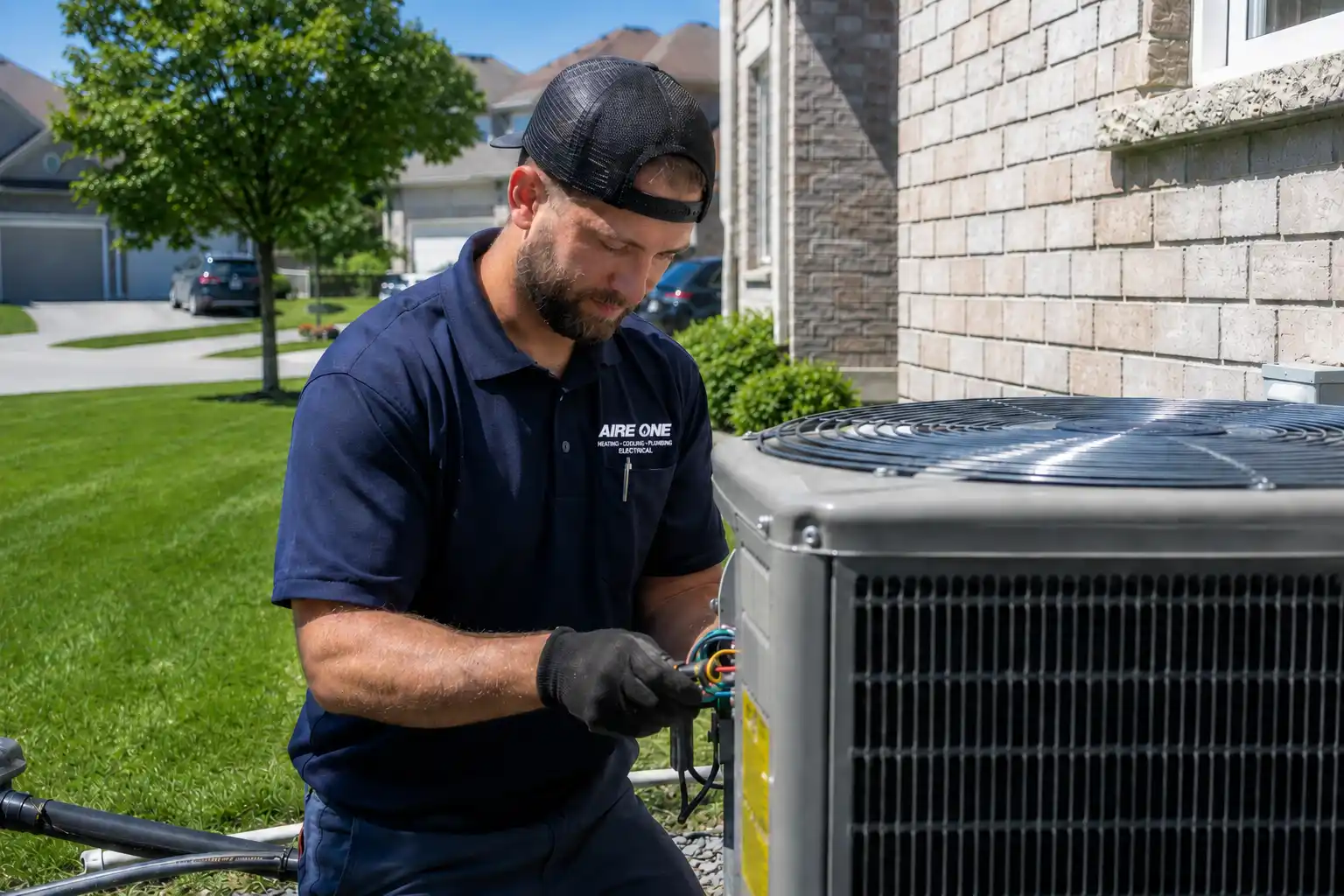 HVAC technician repairing an outdoor AC unit during a London, Ontario heatwave