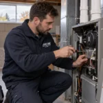 Aire One technician performing a furnace tune-up in a London, Ontario home