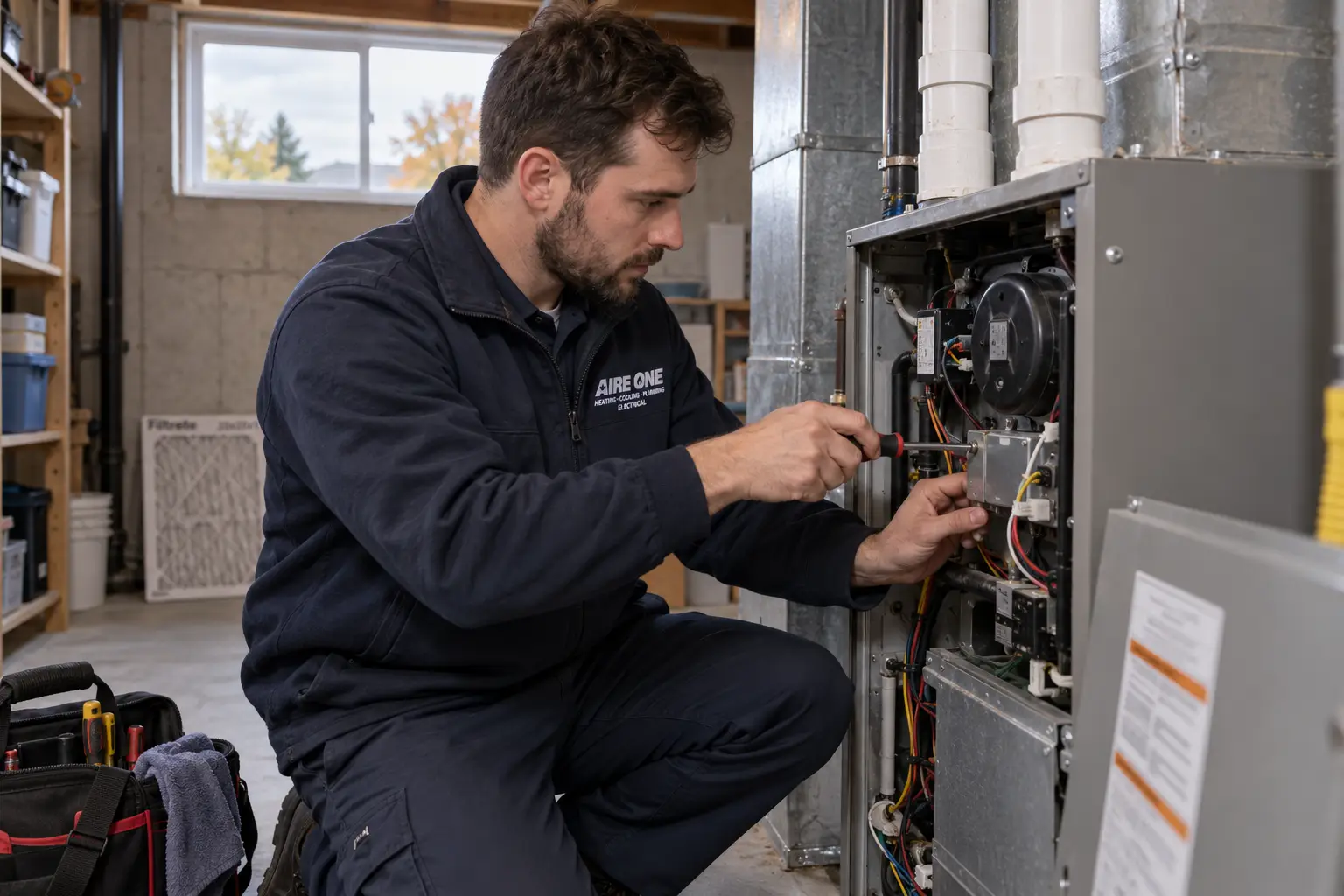 Aire One technician performing a furnace tune-up in a London, Ontario home